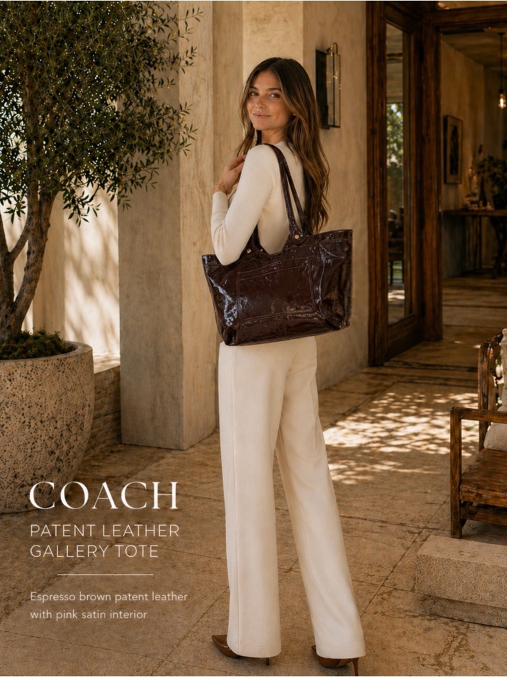 Coach Patent Leather Gallery Tote glazed leather pink satin interior